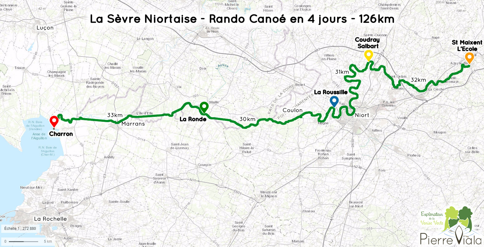 Carte Descente de la Sèvre Niortaise Ranonnée Canoe 4 jours 126km